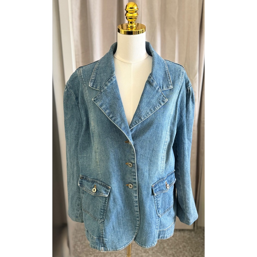 Moe Blue Denim Blazer Jacket Medium Wash Puff Shoulder 2X Plus Size Womens